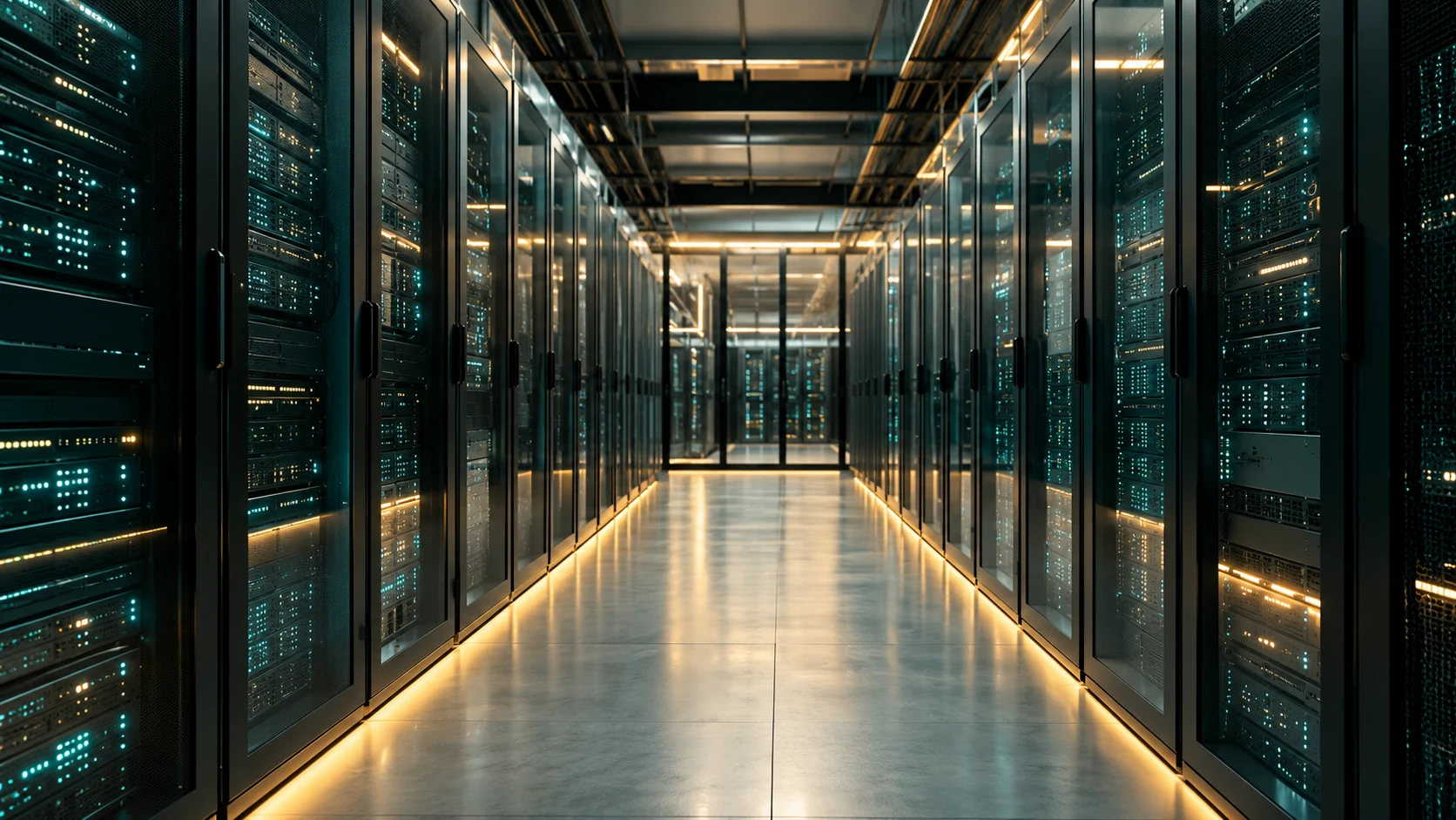 Illustration of a modern data-centre aisle with rows of server racks